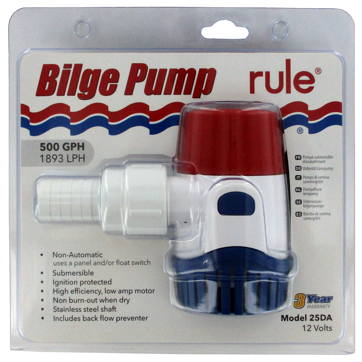 Rule 20A Marine Rule 1000 Square Marine Bilge Pump 1000-GPH, 12-Volt Red//White//Blue